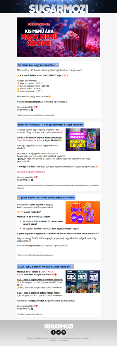 Akciók, jegyelővétel és filmes menük Sugár Moziban!😍