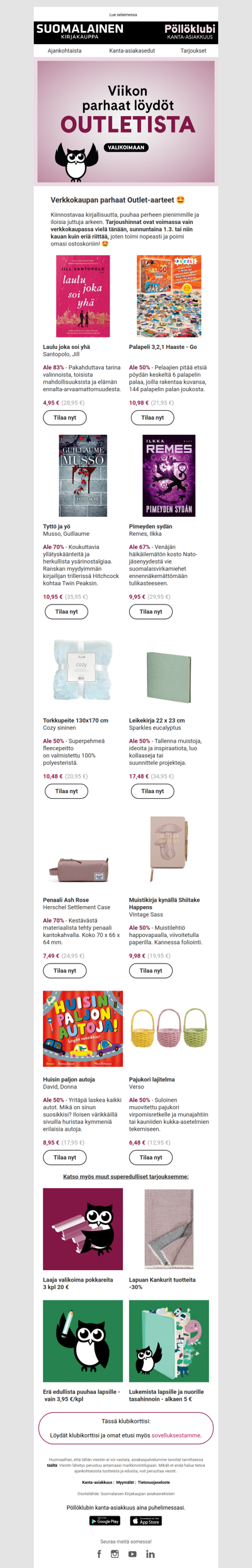 Outlet-hinnat voimassa vielä tänään!