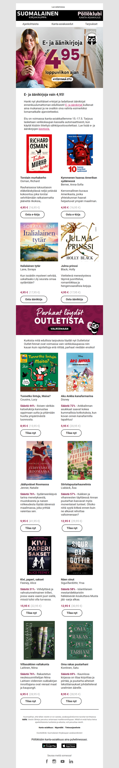 Vielä tänään! E- ja äänikirjoja vain 4,95/kpl!