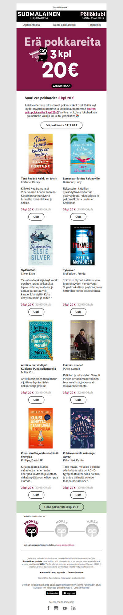 Suuri erä pokkareita 3 kpl 20 € 📚