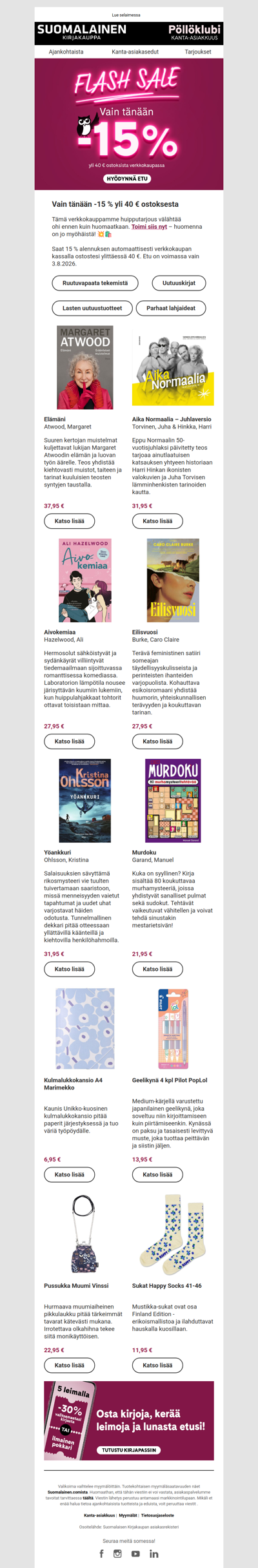 📢 Vain tänään -15% verkkokaupasta 📢