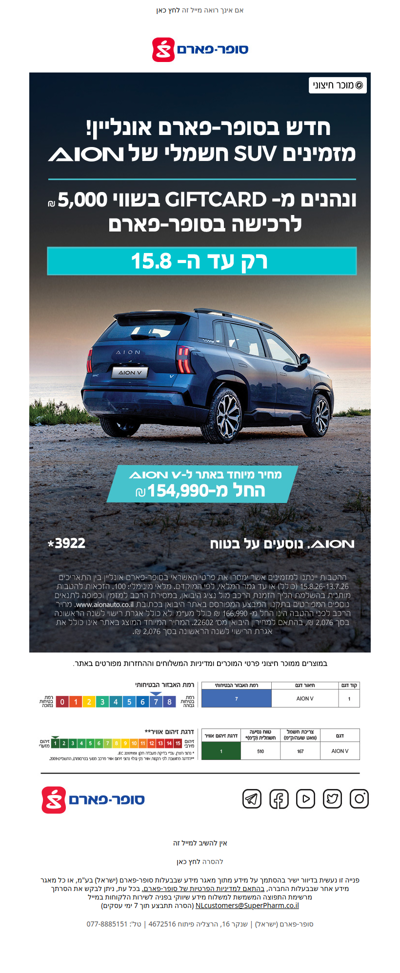 חדש בסופר-פארם אונליין: רכב חשמלי של AION במחיר מיוחד | פרסומת