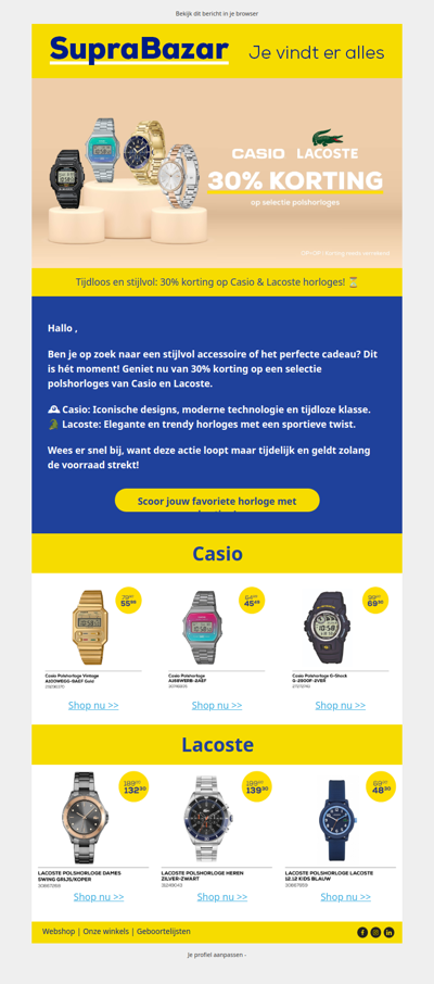 30% korting Casio & Lacoste