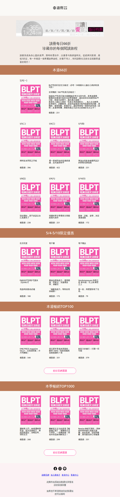 5/4-5/10每日66折：哲學論述、BLPT耽美日語文法檢定、活得漂亮！給中年後的我自己......