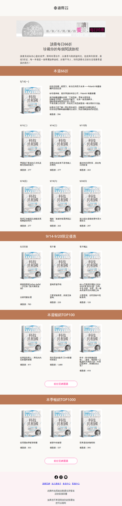 9/14-9/20每日66折：科技共和國、童年情緒教養、讓錢喜歡你的財富整理術.....