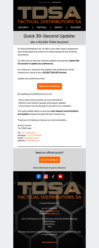 Quick 30-Second Update – Win a R2500 Tactical Distributors SA Voucher