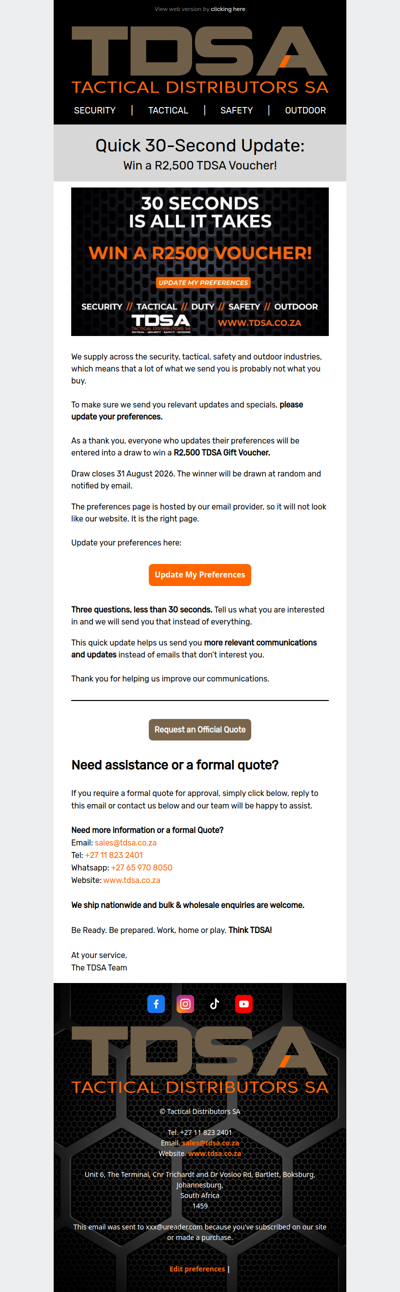 Quick 30-Second Update – Win a R2500 TDSA Voucher