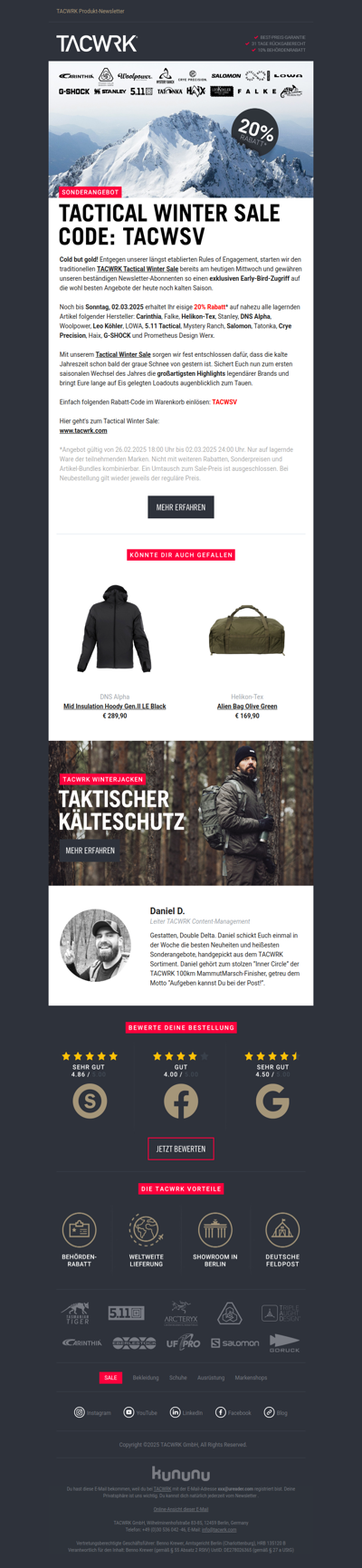 Tactical Winter Sale ❄️ 20% Rabatt auf Premium-Marken!