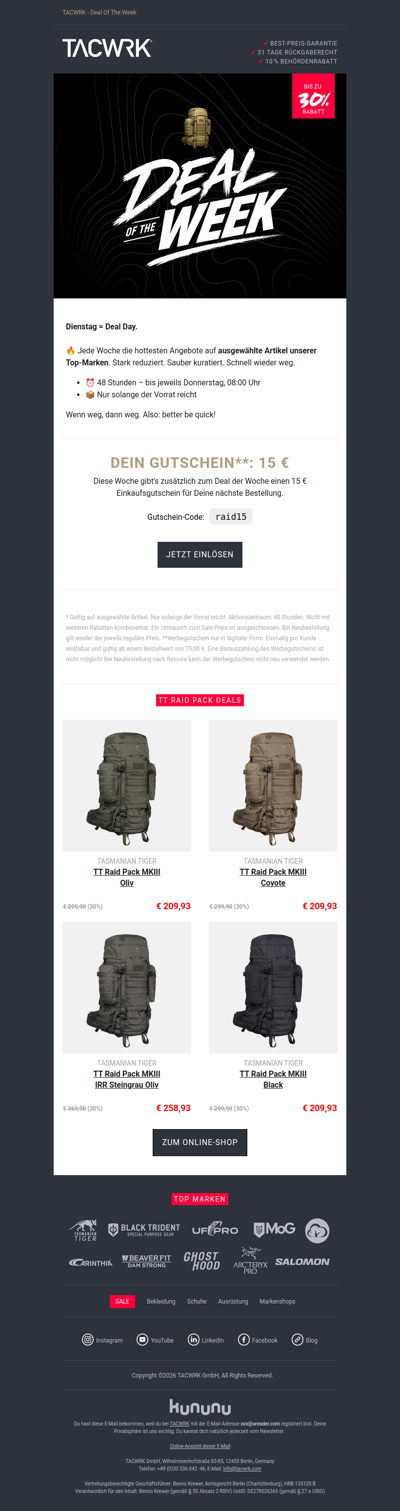 15 € Einkaufsgutschein + 30% auf das TT Raid Pack