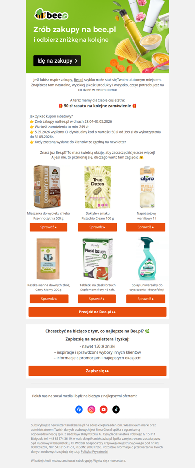 💚 Zyskaj 50 zł rabatu na zakupy w Bee.pl 💸