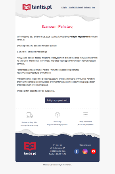 Aktualizacja Polityki Prywatności sklepu internetowego tantis.pl