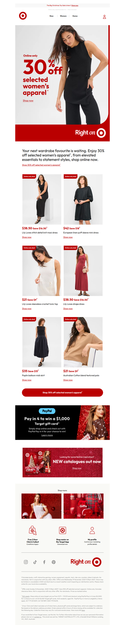 30% off selected women's apparel - online only