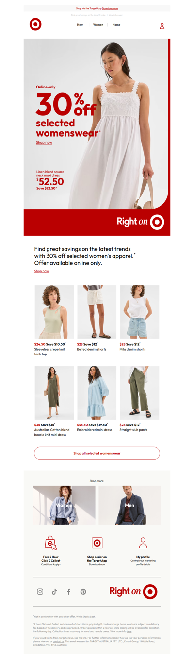 30% off selected womenswear online only.