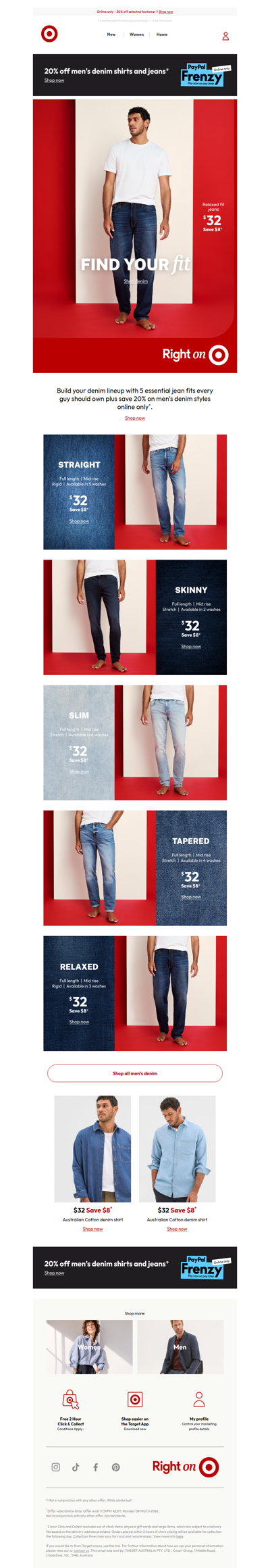 Online only | 20% off men’s denim styles