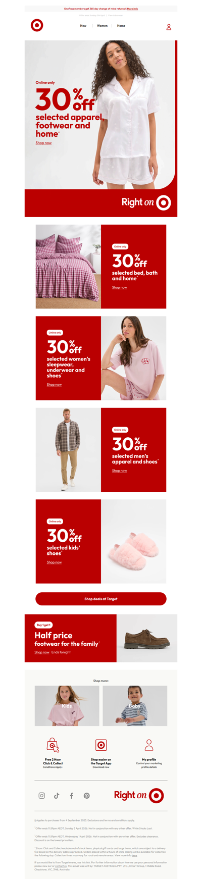 Online Only - 30% off selected apparel, footwear and home