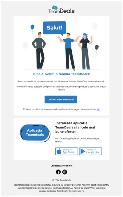 Bine ai venit pe site-ul TeamDeals! Confirma adresa de e-mail