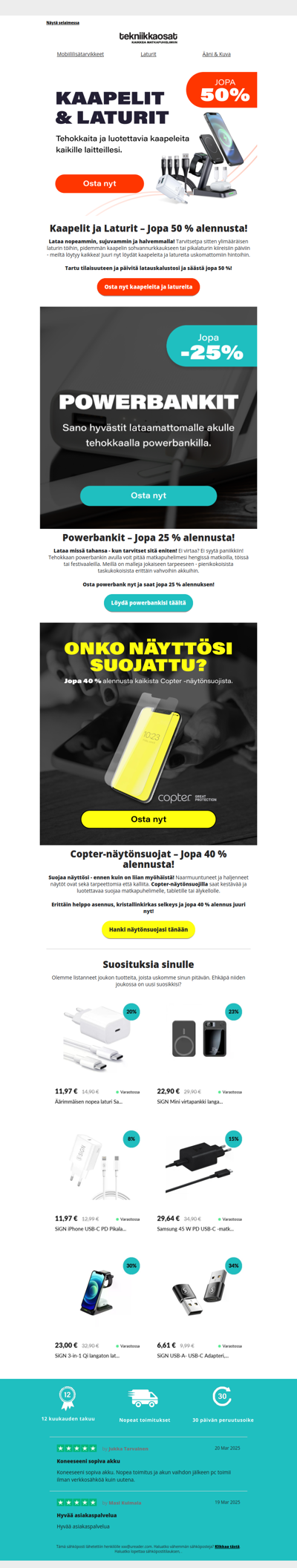 🔥 Tehotarjoukset: Jopa -50 % latureista ja -25 % powerbankeista! 🔋