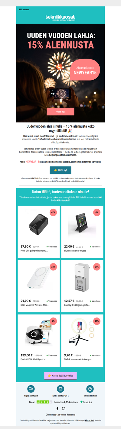 Uudenvuodenlahja: 15 % alennusta koko myymälästä 🎁
