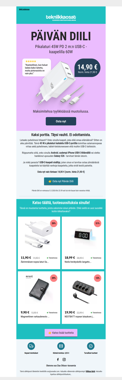 Päivän Diili: Pikalaturi 45W USB-C-kaapelilla