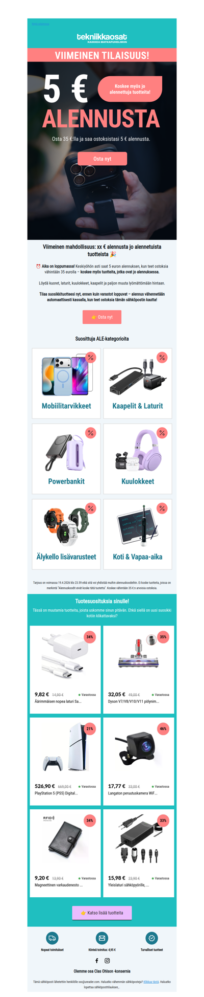 🚨 Viimeinen puristus: 5 € alennusta koko myymälästä!
