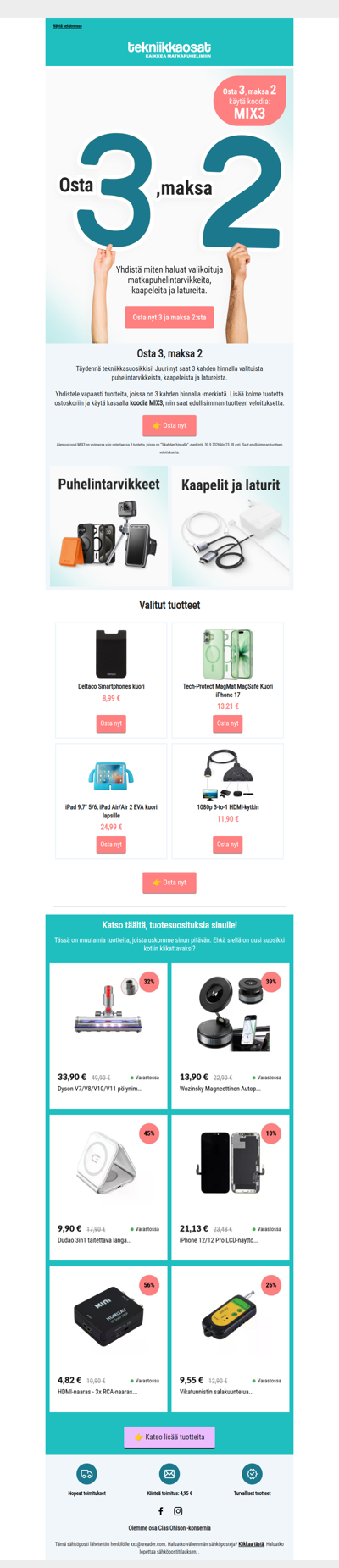⚡ 3 kahden hinnalla puhelintarvikkeista, latureista ja kaapeleista