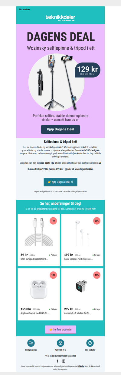 Dagens Deal: Selfiepinne med tripod og mobilholder