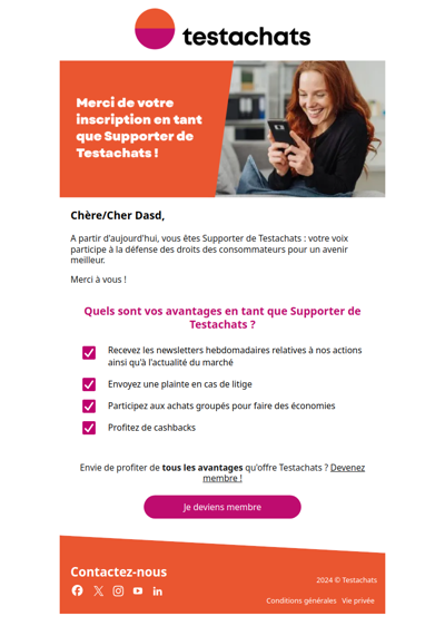 Merci de votre inscription en tant que Supporter de Testachats!