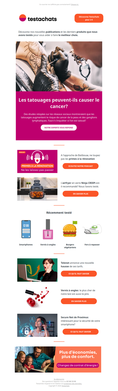 Tatouage et cancer, primes à la rénovation, l'airfryer Ninja Crispi