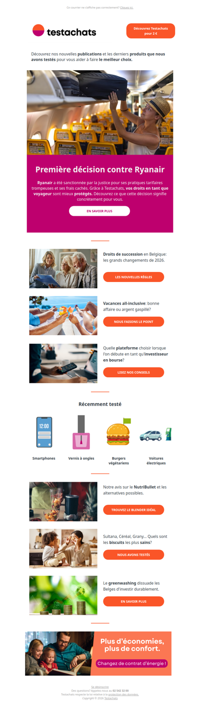 Notre action contre Ryanair, les droits de succession, les vacances all-inclusive, les plateformes d'investissement