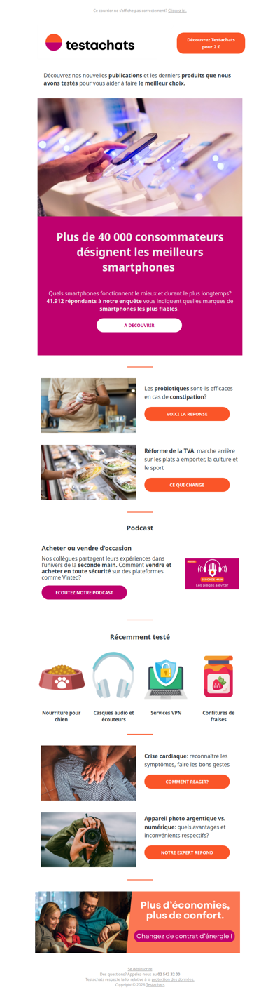 Fiabilité des smartphones, prébiotiques, hausse de la TVA, appareils photos, infarctus