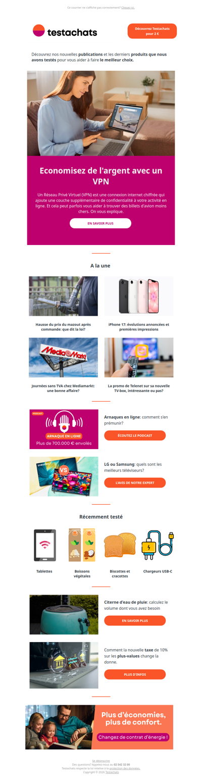 VPN, prix du mazout, iPhone 17, box Telenet, fraude en ligne, LG ou Samsung, taxe plus values, citerne d'eau de pluie