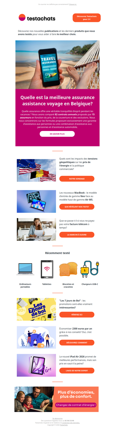 La meilleure assistance voyage, les nouveaux MacBook, économisez grâce à Testachats, les 7 jours de Bol
