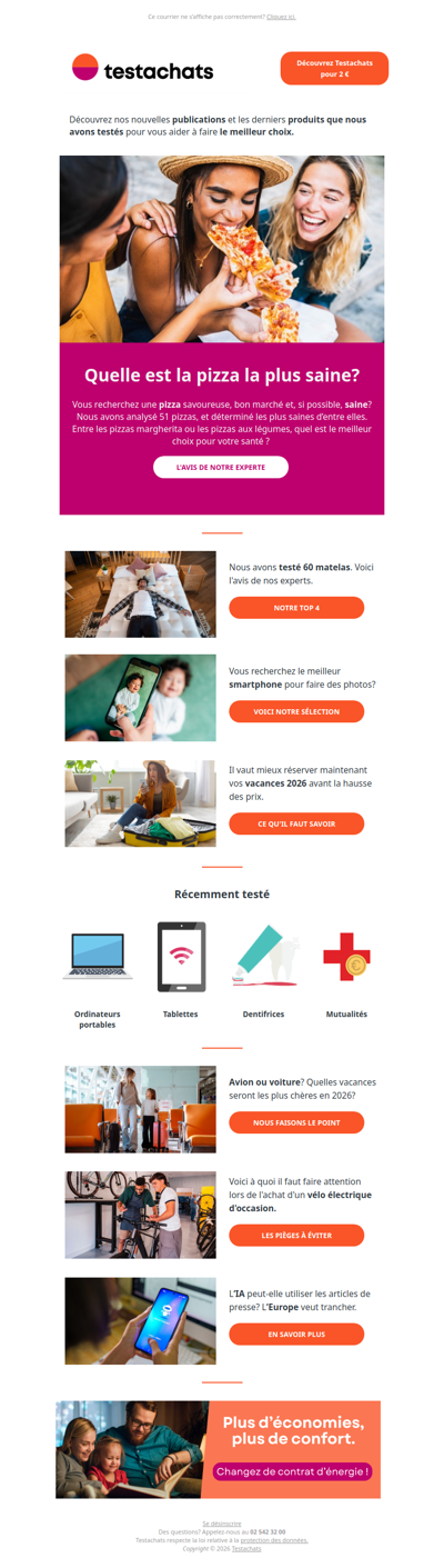 Les pizzas les plus saines, les meilleurs matelas, prix des vacances 2026,quel smartphone pour des photos?