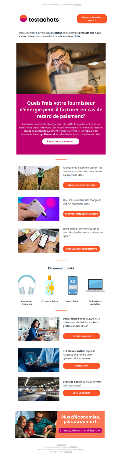 Retard de paiement des factures d'énergie, le butter run, les meilleurs chargeurs USB-C, l'offre de Wero