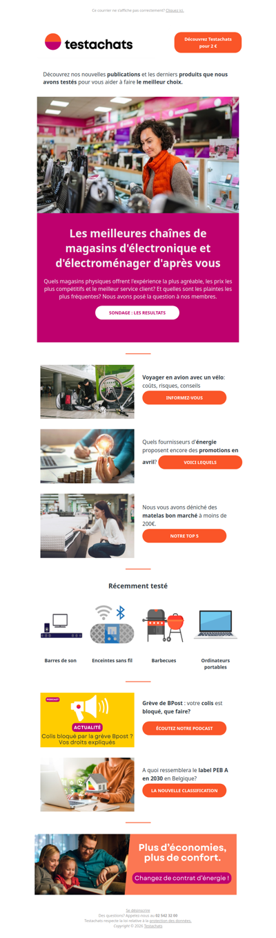 Fiabilité des grandes chaînes d'électroménager et hightech, vélo en avion, promos énergie, votre colis pendant la grève Bpost, PEB 2030