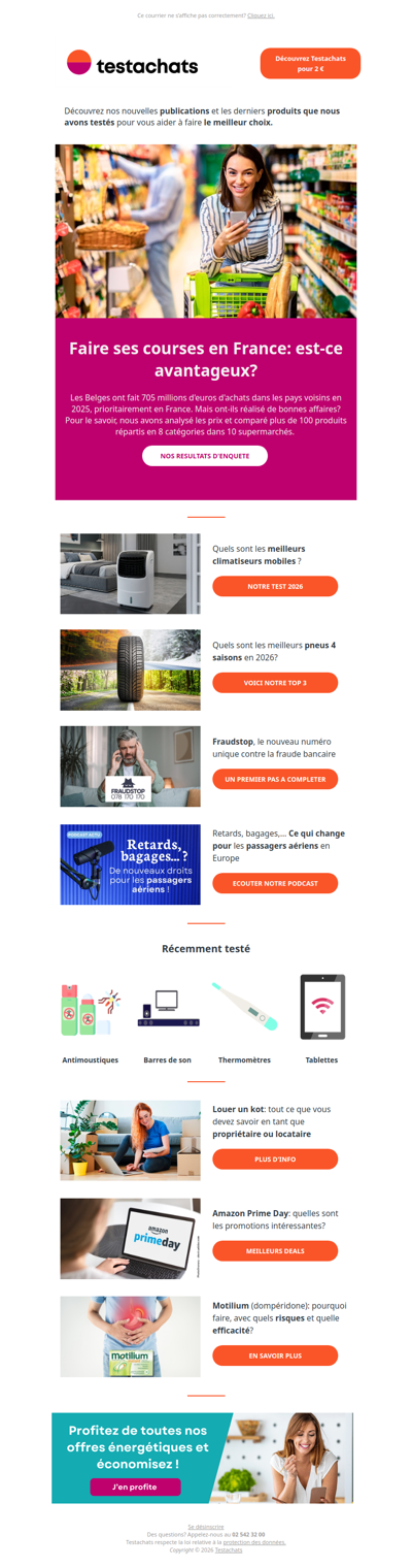 Courses en France, meilleurs climatiseurs mobiles, pneus 4 saisons, louer un kot... Nos derniers tests et conseils