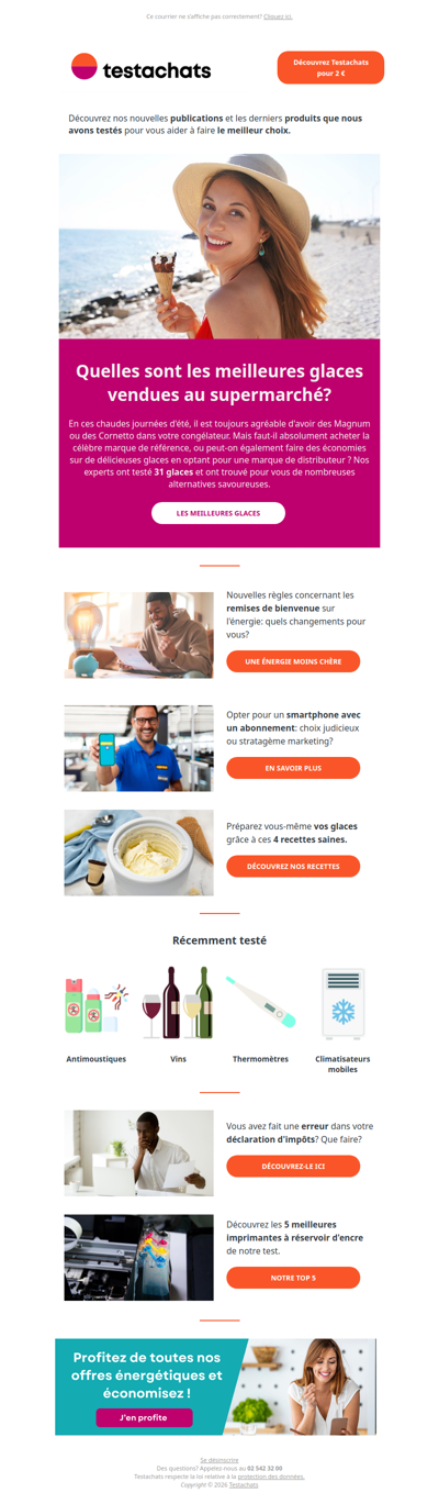 Meilleures glaces du supermarché, remises de bienvenue sur l'énergie, smartphone avec abonnement, recettes de crème glacée