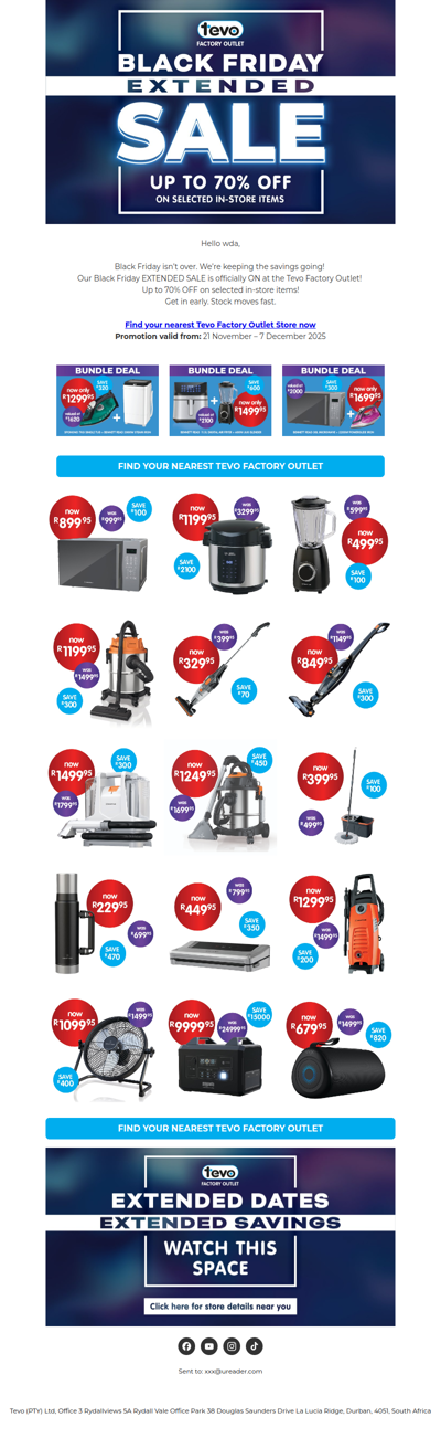 LAST DAY! Tevo Factory Outlet Black Friday Extended!