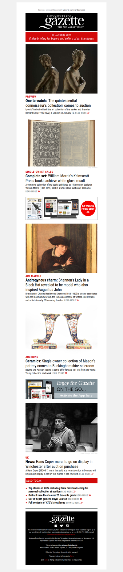 Banker and connoisseur’s collection comes to auction | Bonhams holds white glove sale of Kelmscott Press books | Single-owner auction of Mason’s pottery | plus more news and features in ATG's Friday briefing