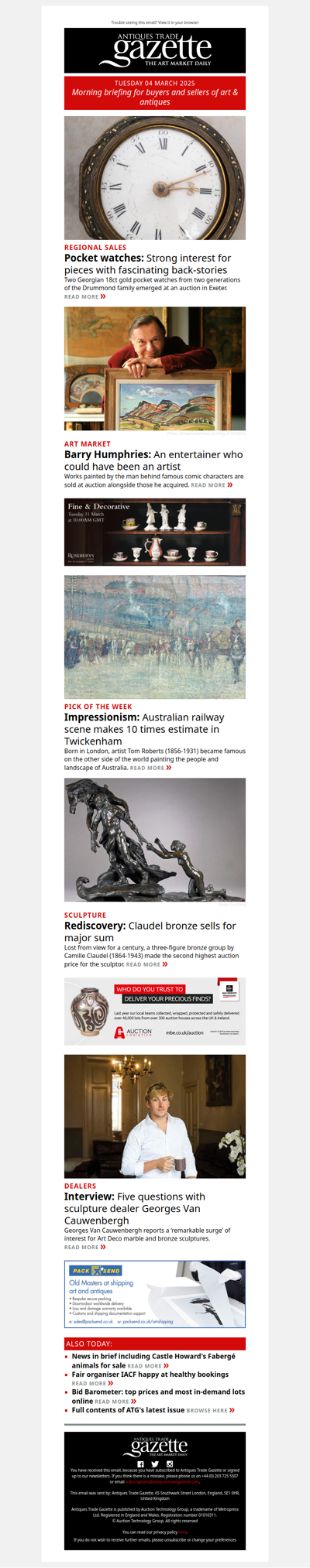 Australian railway scene bid to 10 times estimate | Rediscovered Claudel bronze makes major price | Full report of the Barry Humphries sale | plus more news and features in ATG's morning briefing