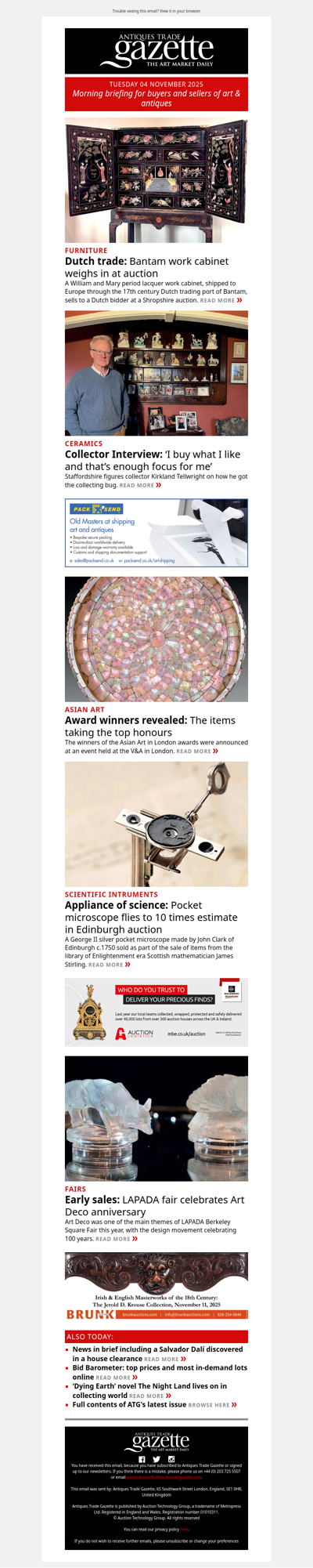 Pocket microscope flies to 10 times estimate | Interview with Staffordshire figures collector | Dutch bidder wins battle for William and Mary cabinet | plus more news and features in ATG's morning briefing