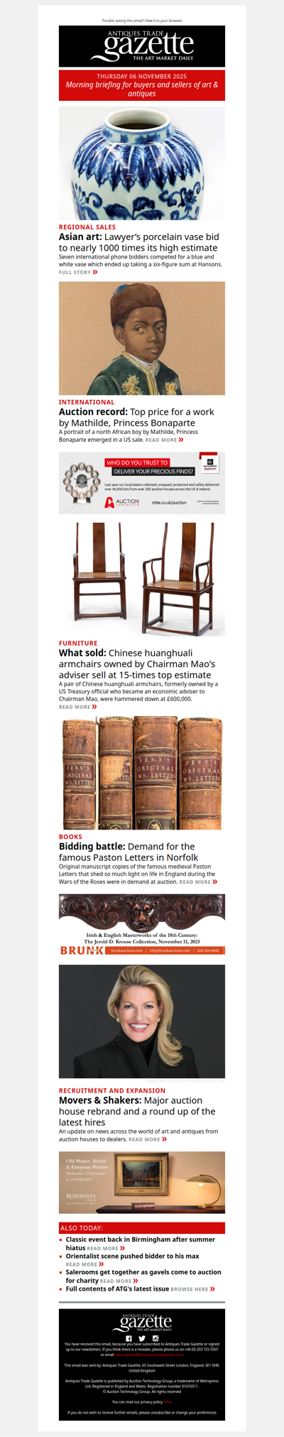 Chinese vase bid to 1000 times estimate | Top price for north African boy portrait by Princess Bonaparte | Latest rebrand and hires | plus more in ATG's morning briefing