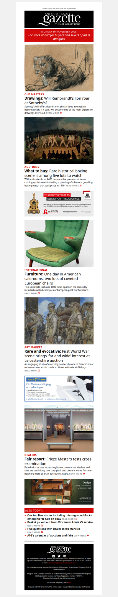 Top lots to watch this week | Will Rembrandt’s lion roar at Sotheby’s? | Full report of Frieze Masters fair | plus more news and features in ATG's Monday briefing