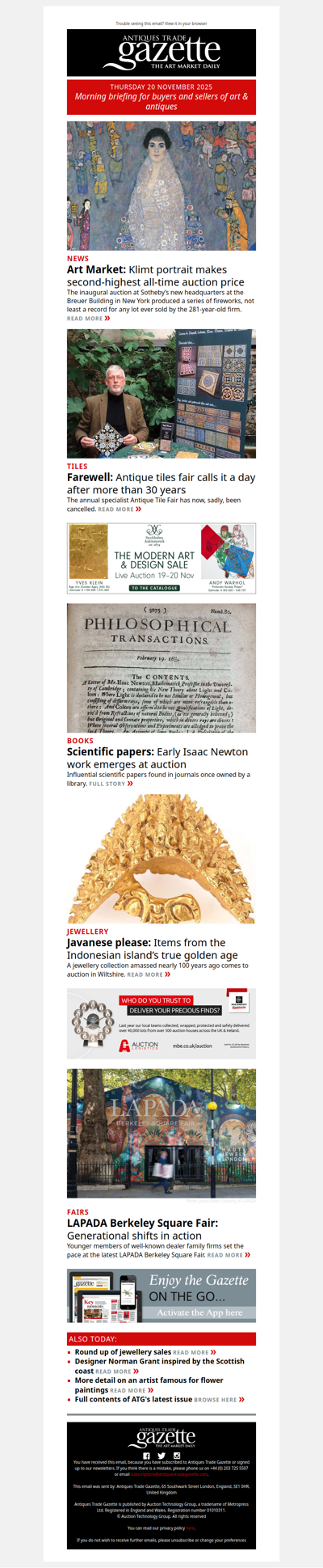 Sotheby’s sells its most expensive ever lot | Antique tiles fair closes | Early Isaac Newton work emerges at auction | plus more in ATG's morning briefing