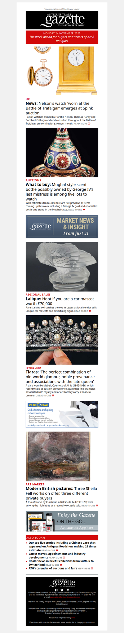 Nelson’s watch worn at Trafalgar emerges at auction | Top lots to watch this week | Tiaras show premium values | plus more news and features in ATG's Monday briefing