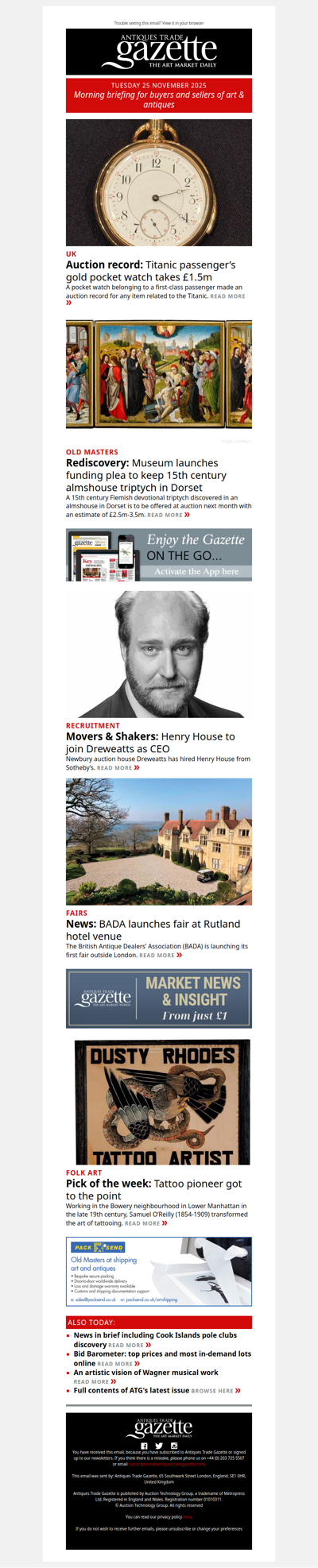 New record for an item from the Titanic | Sotheby’s Henry House to join Dreweatts | Museum launches campaign to buy 15th century Old Master | plus more news and features in ATG's morning briefing