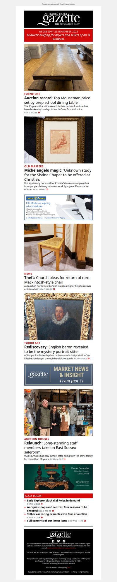 Auction record for Mouseman set | Unknown study by Michelangelo emerges | Plea to help recover stolen chair | plus more news and features in ATG's midweek briefing