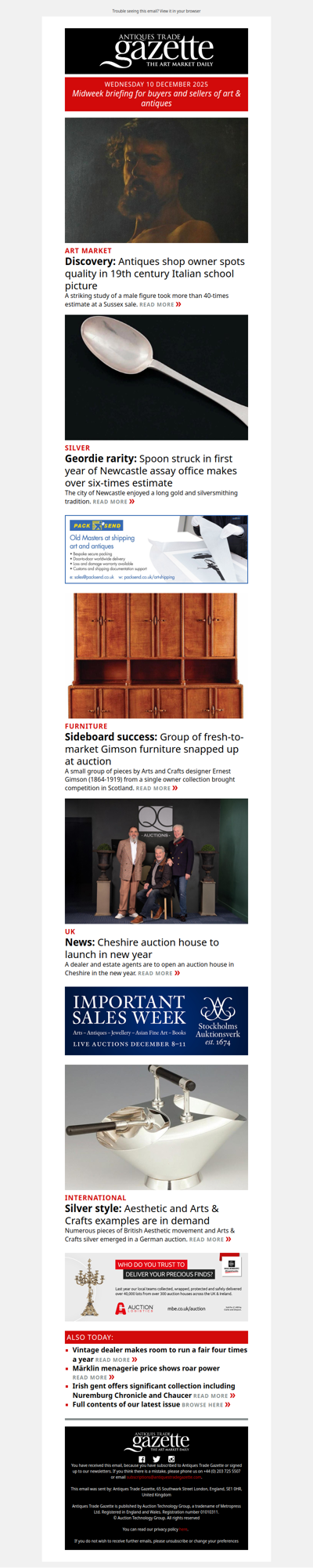 Rediscovered portrait takes 40-times estimate | New auction house launched in Cheshire | Ernest Gimson furniture in demand | plus more news and features in ATG's midweek briefing