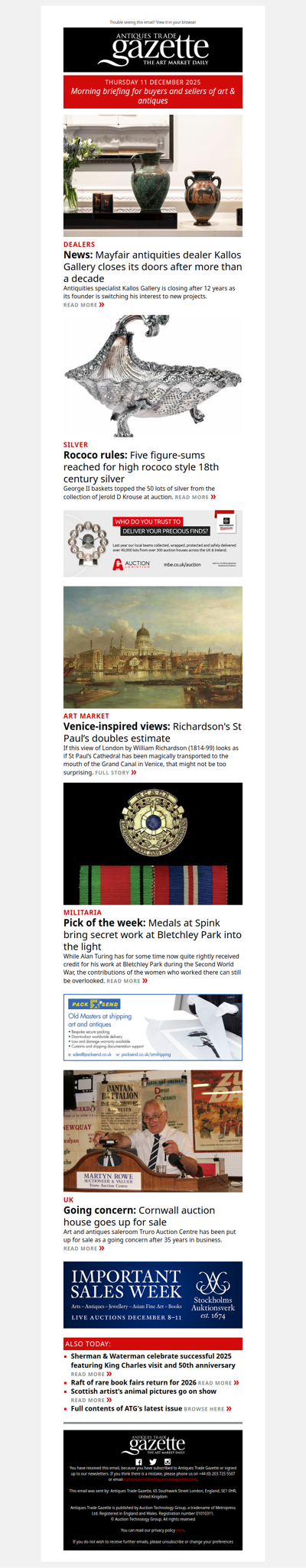 London antiquities specialist Kallos closes | Rococo silver stands out at auction | Medal reveals woman’s secret work at Bletchley Park | plus more news and features in ATG's morning briefing