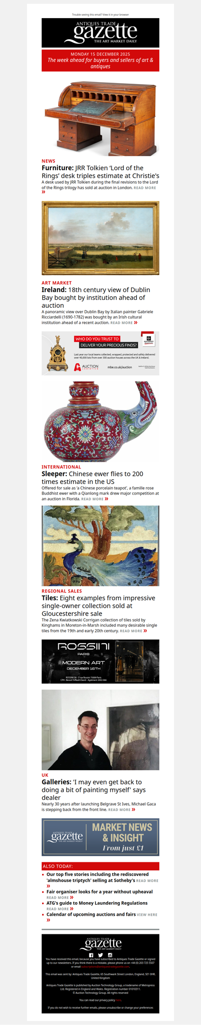 Tolkien ‘Lord of the Rings’ desk triples estimate | Chinese ewer flies to 200 times estimate | Institution buys view of Dublin Bay ahead of auction | plus more news and features in ATG's Monday briefing